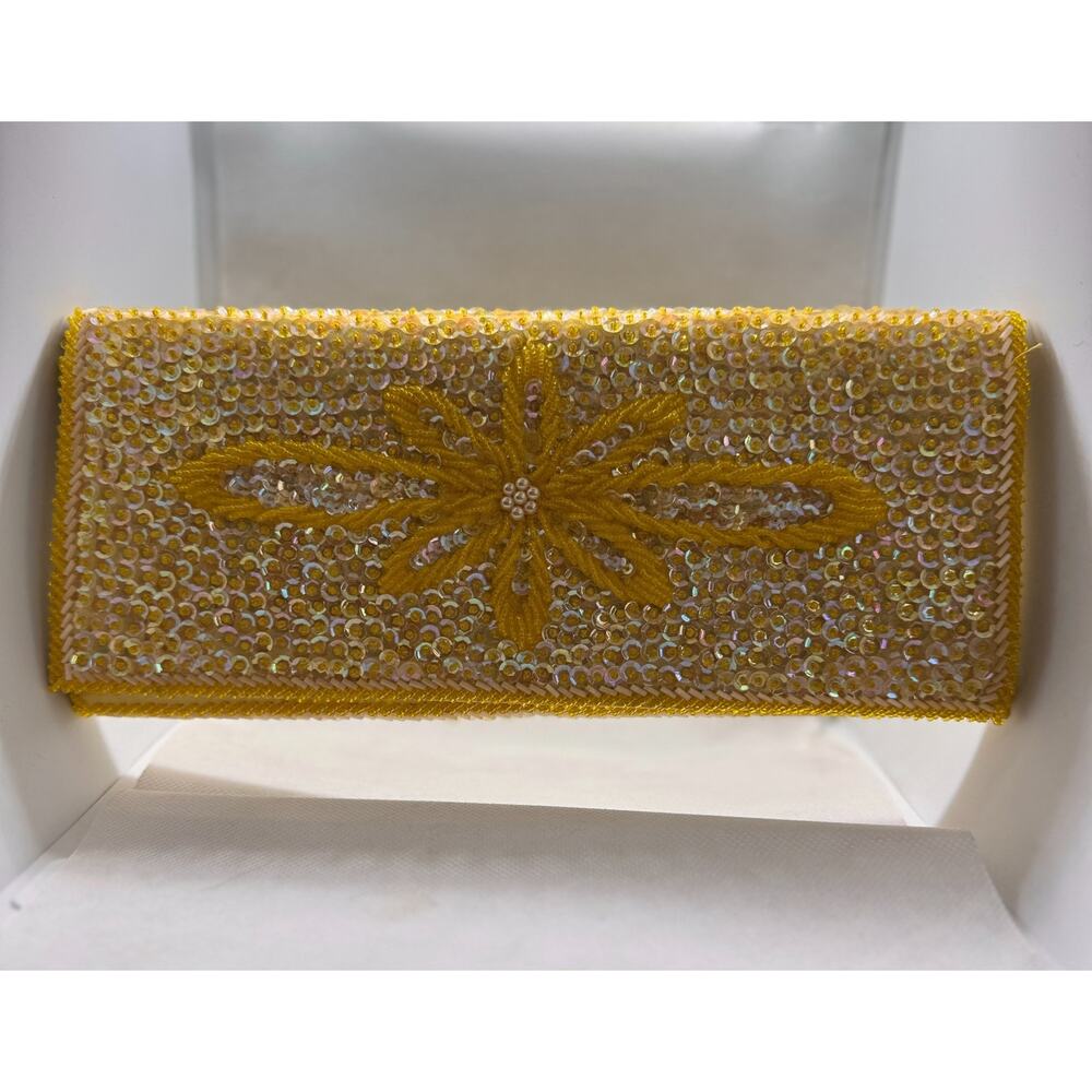Vintage Yellow Beaded Sequin Clutch Purse – Floral Evening Bag – 1960s Handmade
